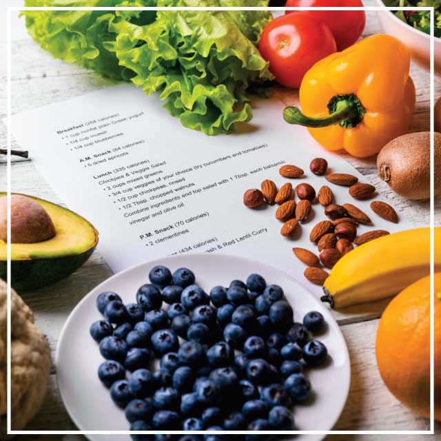 graphics-jbn Printed out meal planner on white table top surrounded by fresh produce and nuts